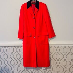 Harve Benard Wool Blend Long Red Classic Ladies Coat With Black Velvet Color